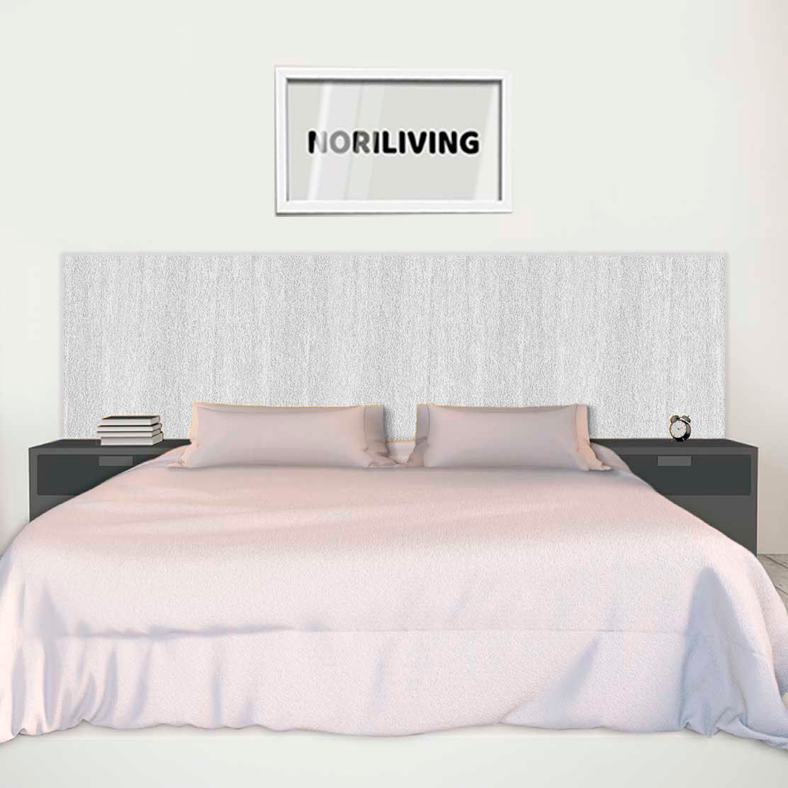 im Schlafzimmer eingebaute Bettrückwand mit Motiv Steinoptik verputzt Sand beige 691 schwarz-weiß