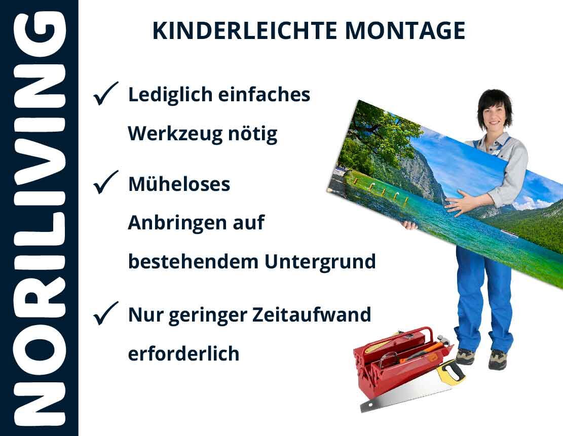 Mann mit Bild und Werkzeugkasten zeigt einfache Montage von Noriliving-Produkten
