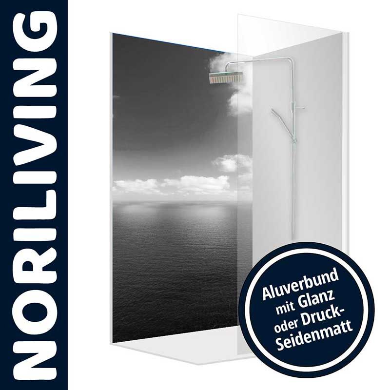 Duschwand von NORILIVING mit Meerblick-Motiv, gefertigt aus Aluverbund, erhältlich in Glanz oder Druck-Seidenmatt.