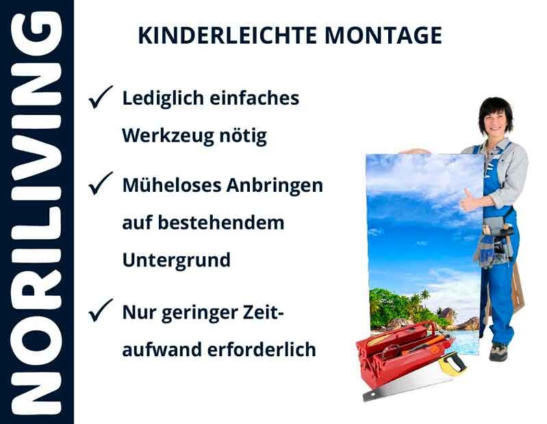 Frau zeigt einfach anzubringendes Produkt von Noriliving mit Werkzeug und Rahmen vor tropischem Hintergrund
