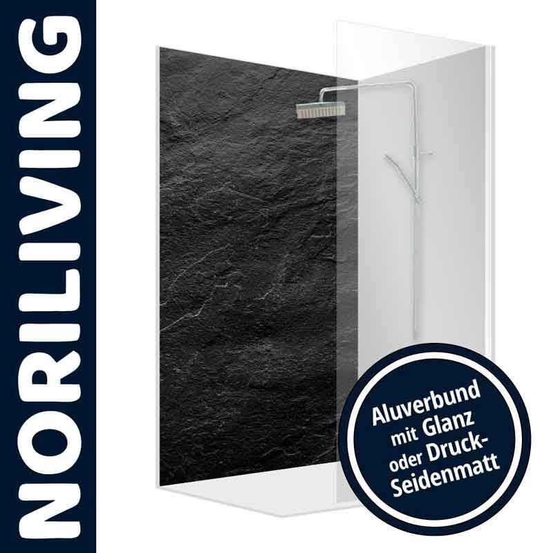 Moderne NORILIVING Duschwand mit schwarzer Struktur und Alubund in glänzender oder seidiger Mattoptik