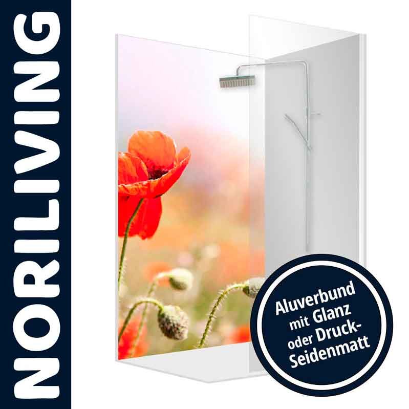 Dekorative Duschrückwand mit Mohnblumen, Alu-Verbund in Glanz oder Druck-Seidenmatt, von Noriliving
