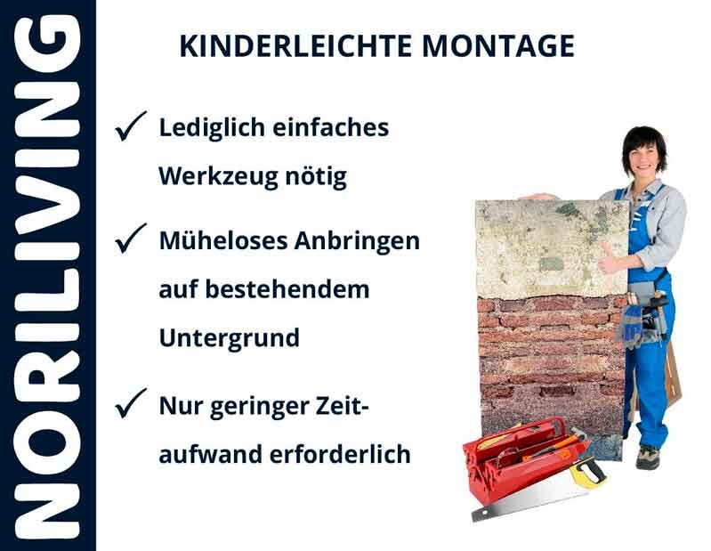 Frau präsentiert einfache Montage von NORILIVING mit Werkzeug und Wandpaneel