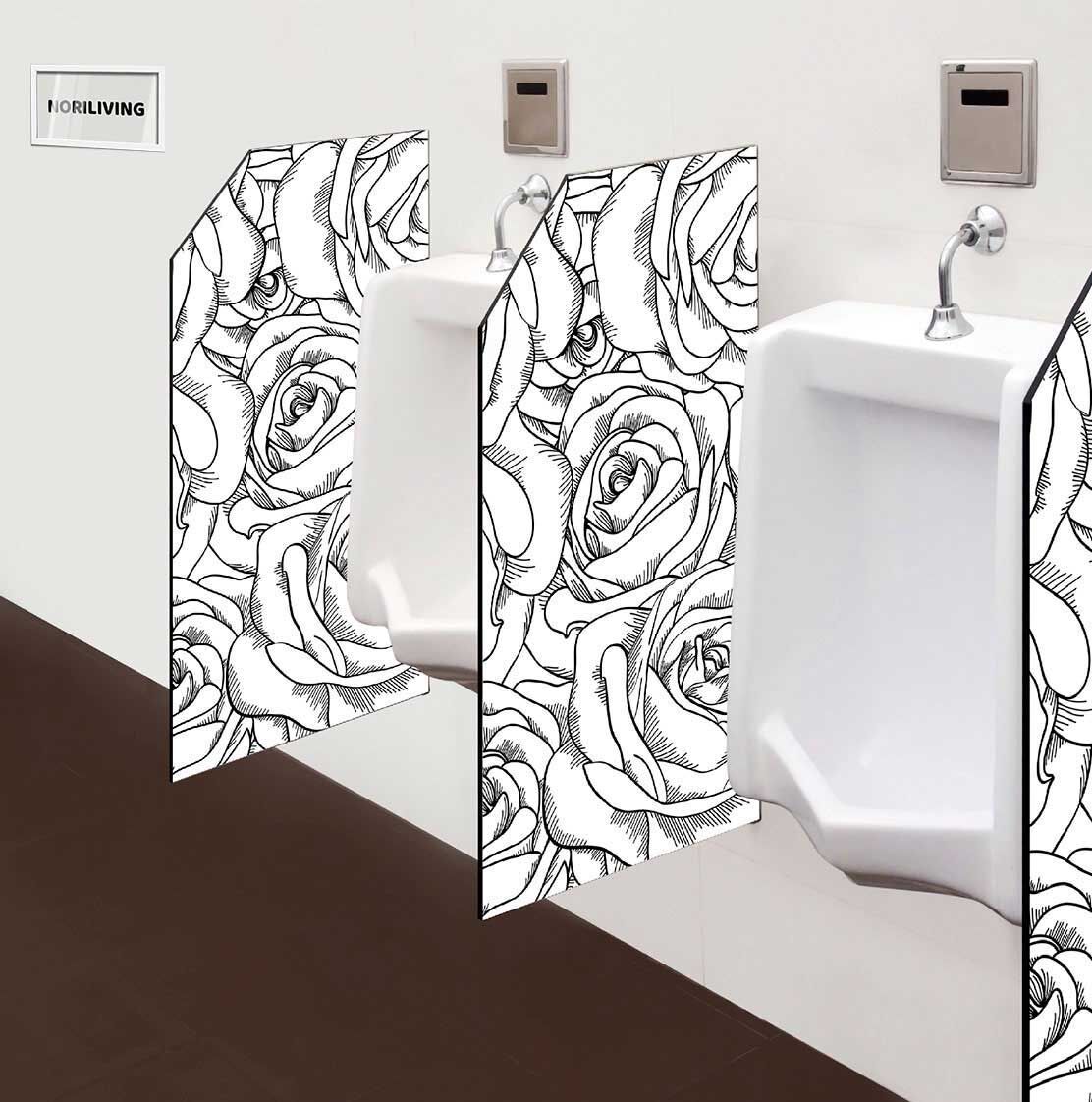 in der Toilette eingebaute Schamwand mit Motiv Rosen Hand gezeichnet schwarz-weiß 068