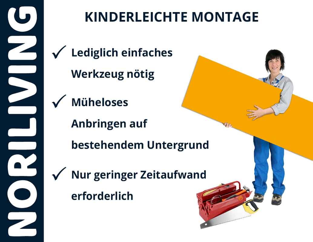 NORILIVING kinderleichte Montage, Frau mit Werkmaterial, minimaler Werkzeugbedarf und Zeitaufwand