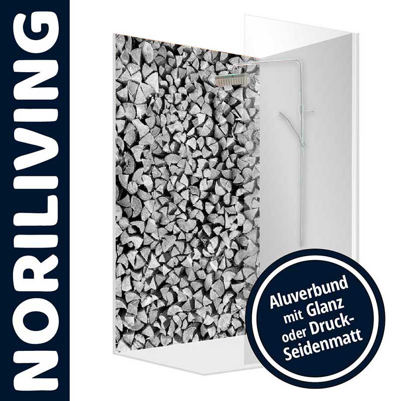 Duschwand von NORILIVING mit Holzstapel-Motiv, Aluverbund, glänzend oder seidenmatt