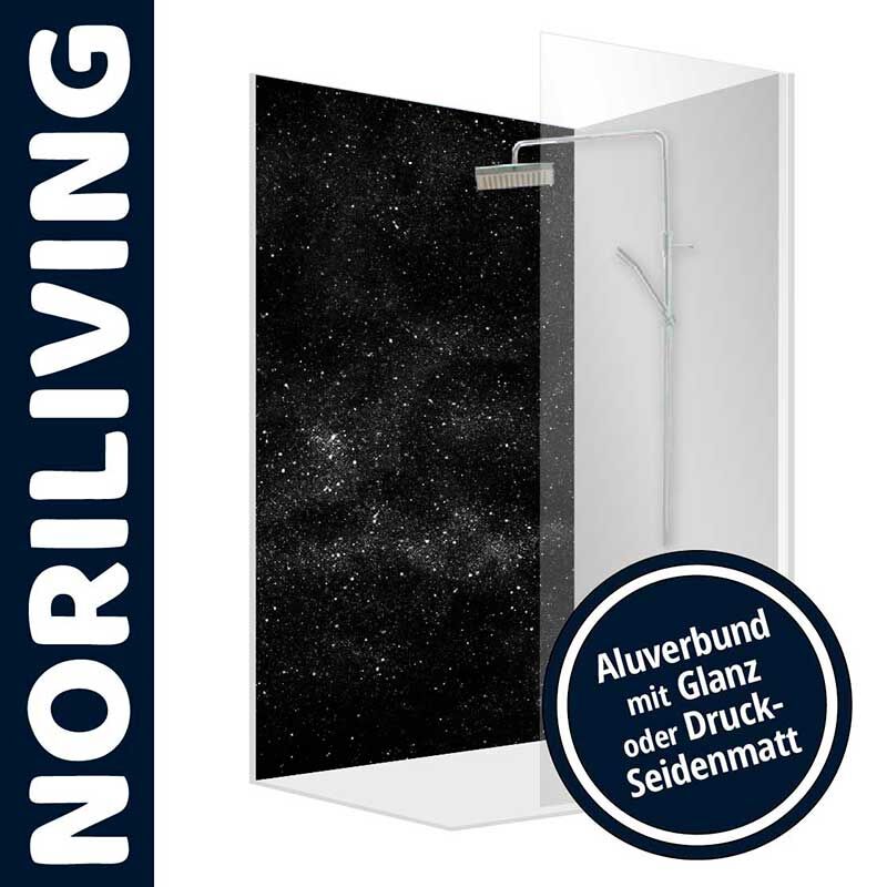 Duschwand von NORILIVING mit schwarzem Sternenhimmel-Design, verfügbar in Glanz oder Seidenmatt-Oberfläche