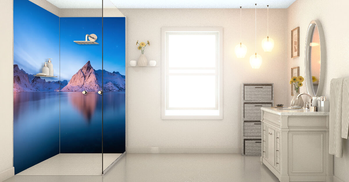 Badezimmer mit Duschrückwand berge und Seen Duschrückwand Optik berge und Seen