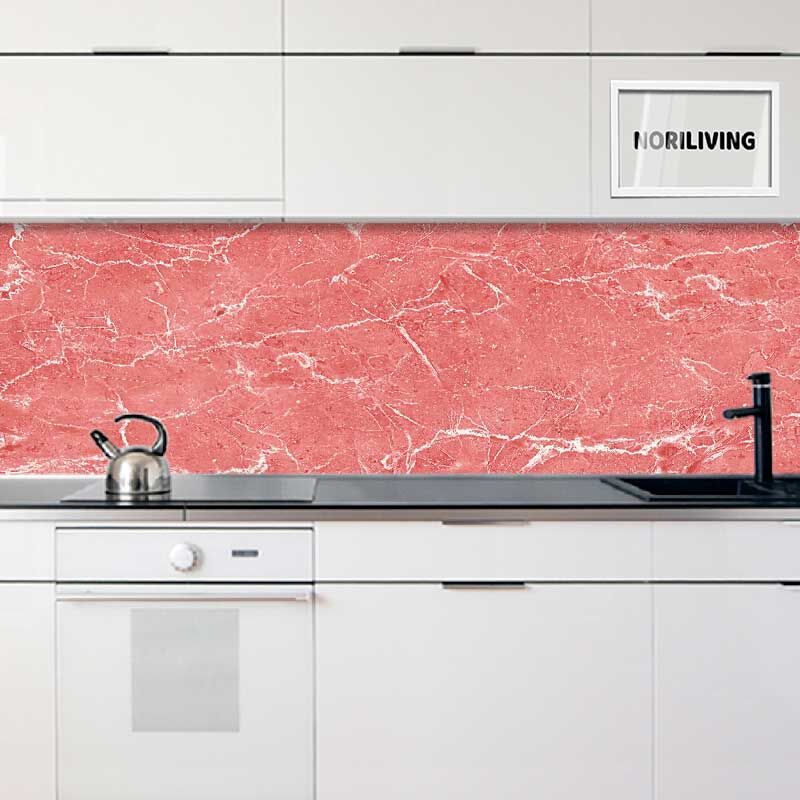 in der Küche eingebaute Küchenrückwand mit Motiv Marmor rosé-weiß 050