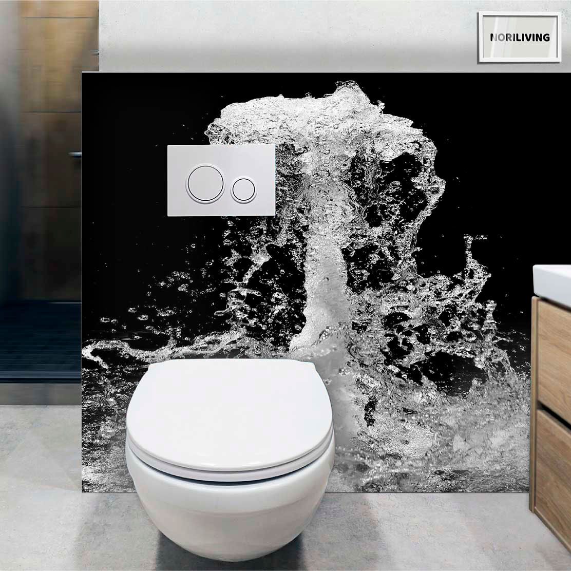 im WC eingebaute Toilettenrückwand mit Motiv Wassersäule auf schwarz 299 schwarz-weiß