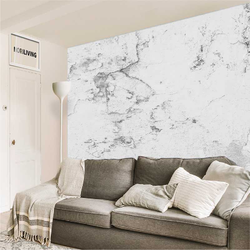 im Wohnzimmer eingebaute Wohnzimmerrückwand mit Motiv Alte weiße gebrochene Wand 777 schwarz-weiß
