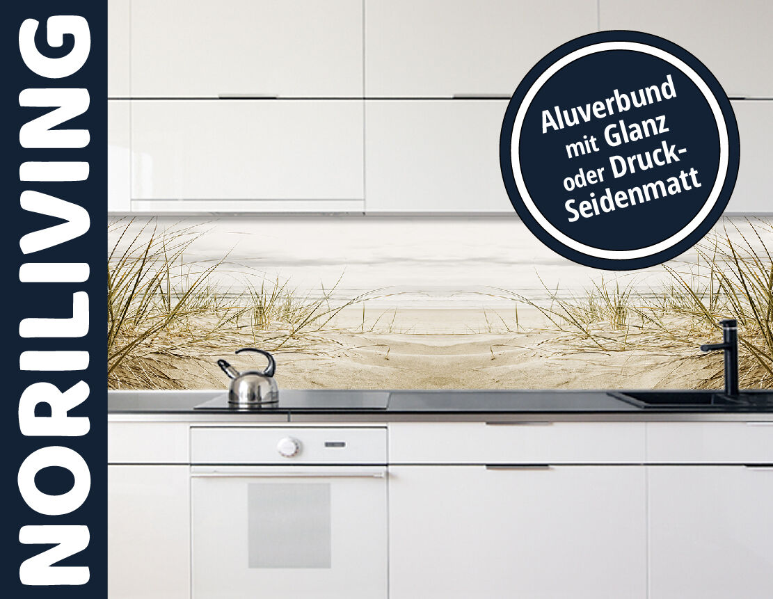 Moderne Küche mit Aluverbund-Rückwand im Stranddesign in Glanz oder Druck-Seidenmatt von Noriliving