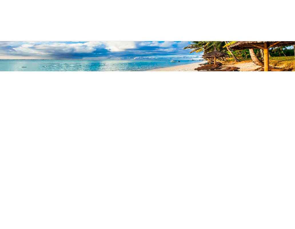 Tropischer Strand mit Palmen, klarem Wasser und einem Boot am Horizont