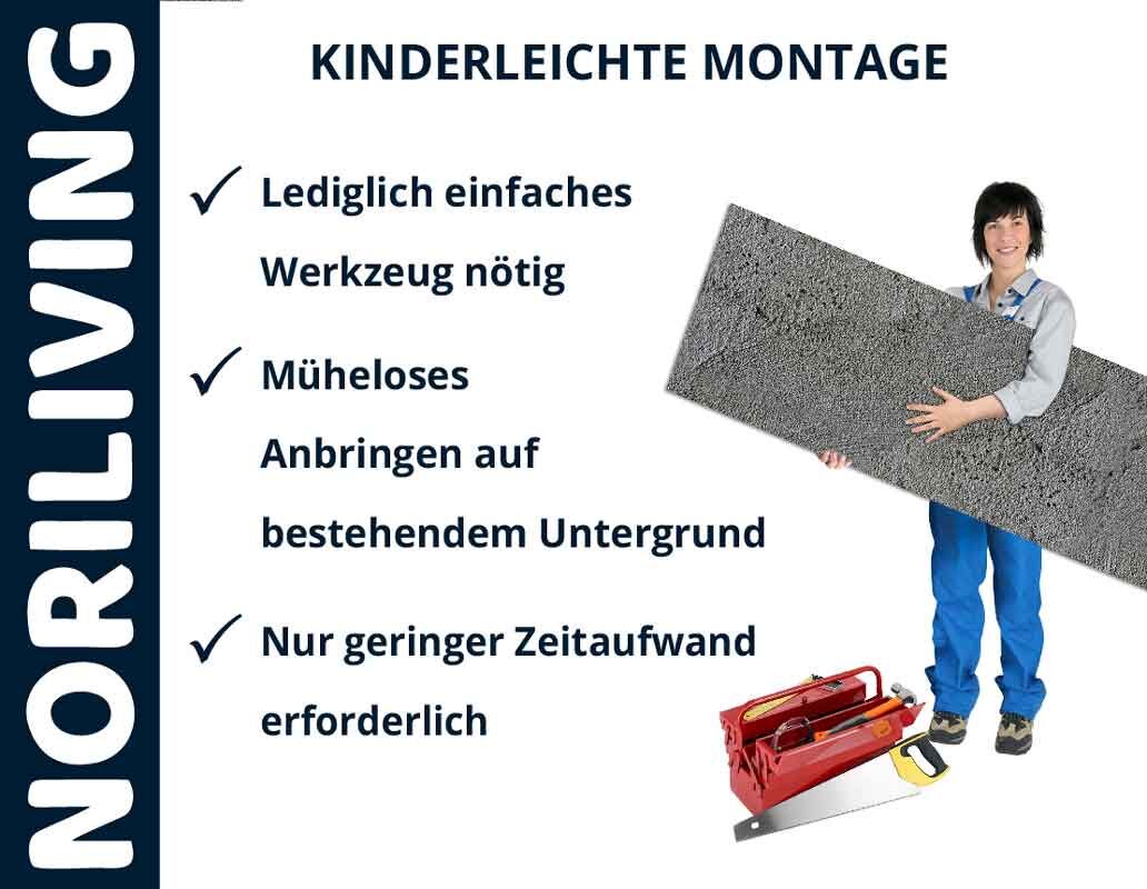 Frau hält leichtes Baumaterial, daneben Werkzeuge, Text betont einfache Montage mit wenig Aufwand