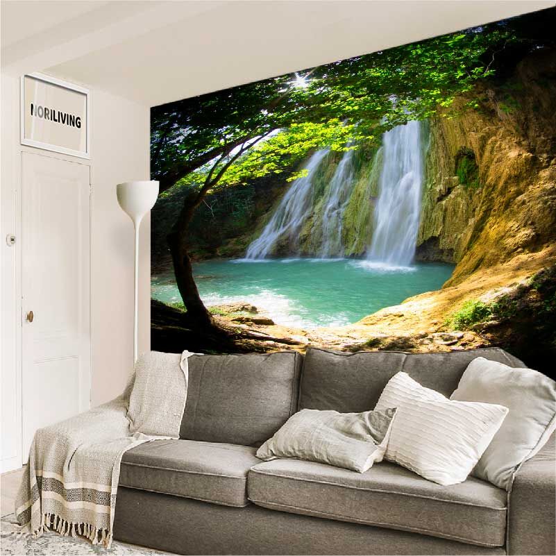 im Wohnzimmer eingebaute Wohnzimmerrückwand mit Motiv Wasserfall an Felswand 654