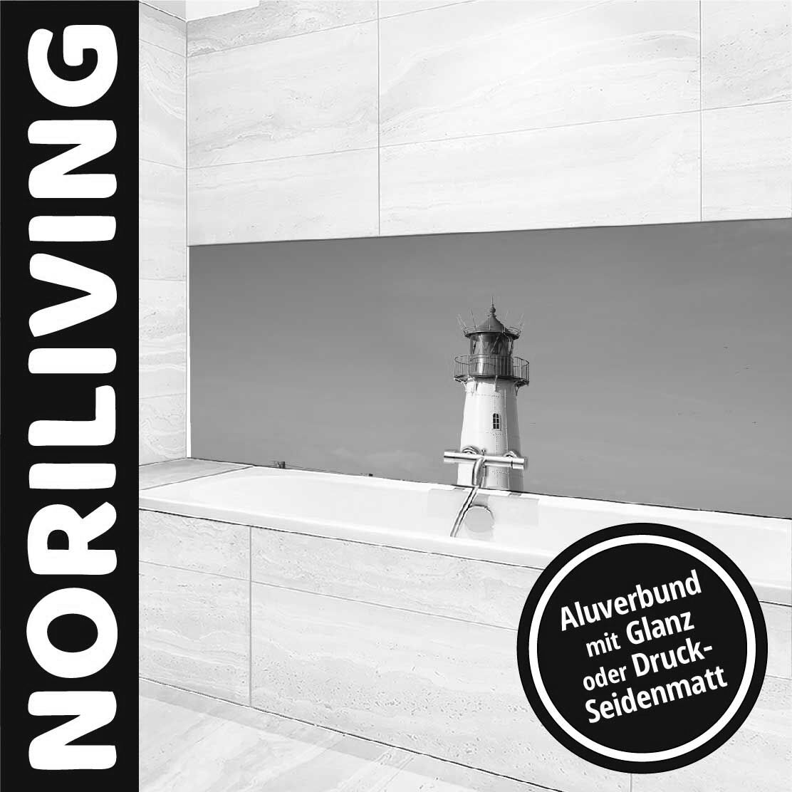 Ansicht des Badrückwand-Motivs Leuchtturm auf Sylt Nordsee 076 schwarz-weiß Oberkante