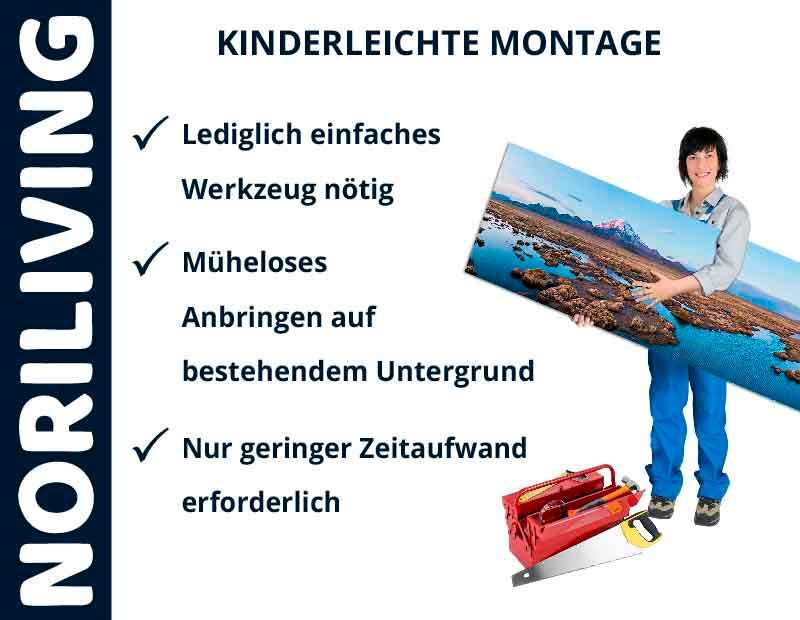 Frau hält NORILIVING Wandbild, einfache Montage mit minimalem Werkzeug, auf bestehendem Untergrund.