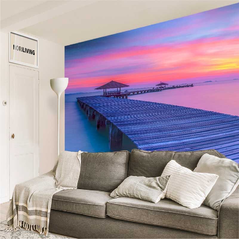 im Wohnzimmer eingebaute Wohnzimmerrückwand mit Motiv Steg am Meer 423
