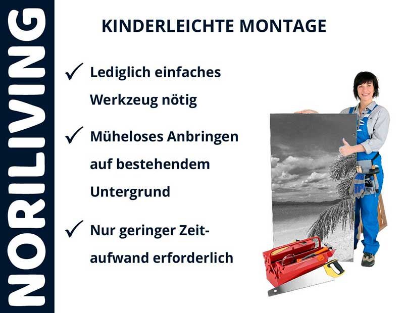 NORILIVING Produktdemonstration mit einfacher Montage, benötigt nur einfaches Werkzeug und bietet müheloses Anbringen auf bestehendem Untergrund.