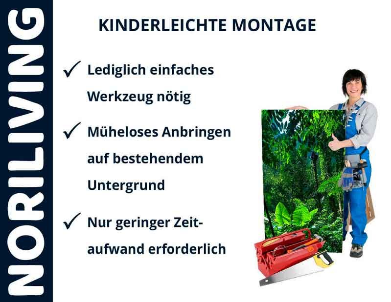 NoriLiving Montage mit minimalem Werkzeugeinsatz und Zeitaufwand, präsentiert von einer Person mit Montagematerial und Wandpaneel mit Waldmotiv.