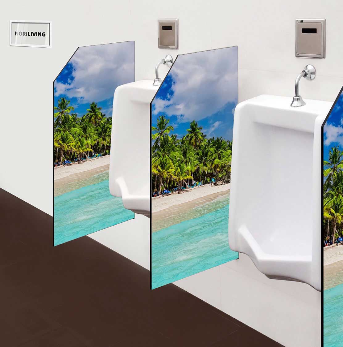 in der Toilette eingebaute Schamwand mit Motiv Kokospalmen am weißen Sandstrand Insel Saona 925
