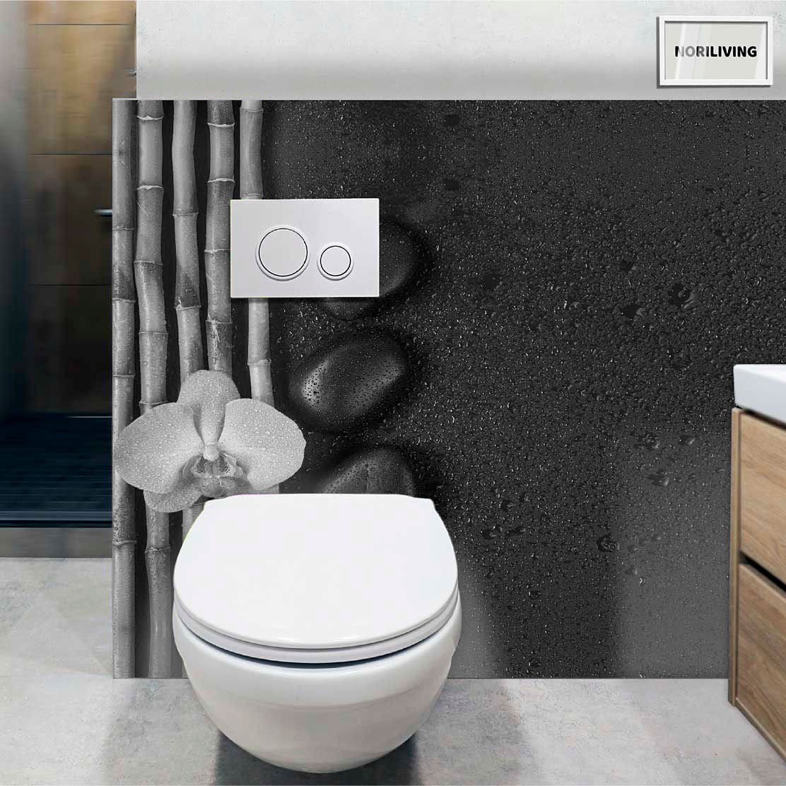 im WC eingebaute Toilettenrückwand mit Motiv Zen Steine Bambus 561 schwarz-weiß