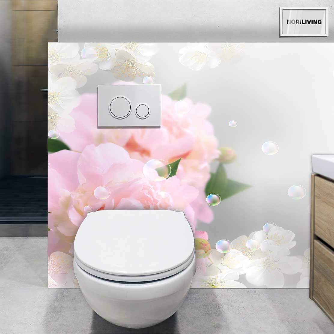 im WC eingebaute Toilettenrückwand mit Motiv Blumen 444