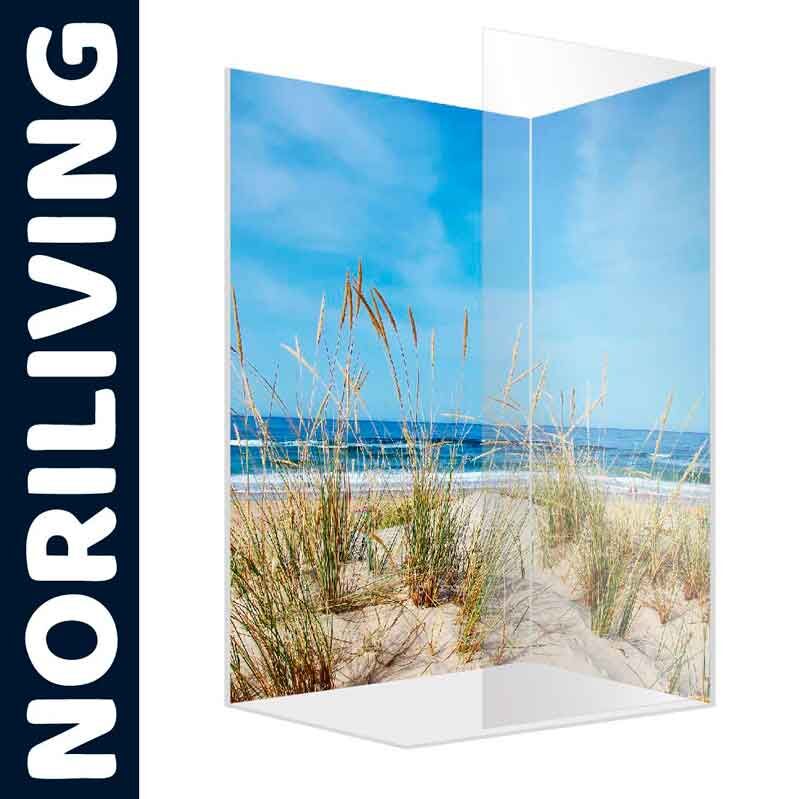 Raumteiler mit Fotodruck von Dünen und Meer unter blauem Himmel