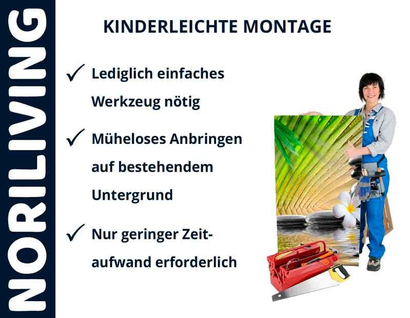 Frau präsentiert Bild mit Tipps zur kinderleichten Montage von NoriLiving: einfache Werkzeuge, müheloses Anbringen, geringer Zeitaufwand.
