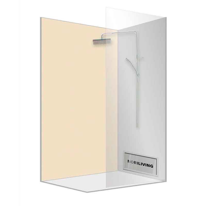 Transparente Duschkabine mit einem großen Regenduschkopf, minimalistisches Design