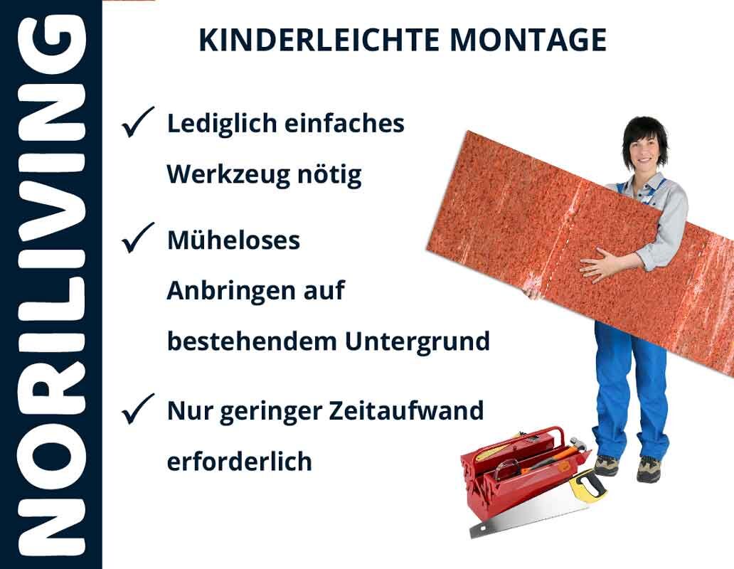 Noriliving-Werbung mit Person, die ein großes Brett hält, und Montagewerkzeug. Text: Kinderleichte Montage, lediglich einfaches Werkzeug nötig, müheloses Anbringen, geringer Zeitaufwand.