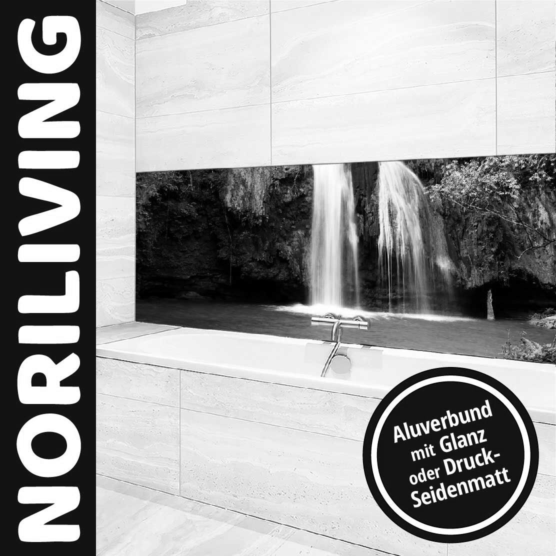 Ansicht des Badrückwand-Motivs Wasserfall 648 schwarz-weiß Unterkante