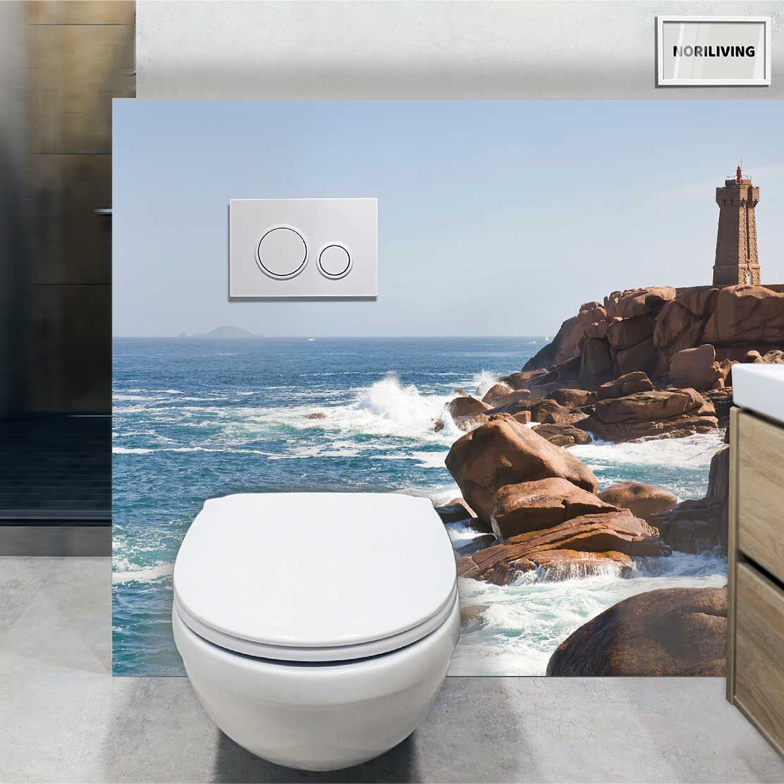 im WC eingebaute Toilettenrückwand mit Motiv Turm in der Brandung 458