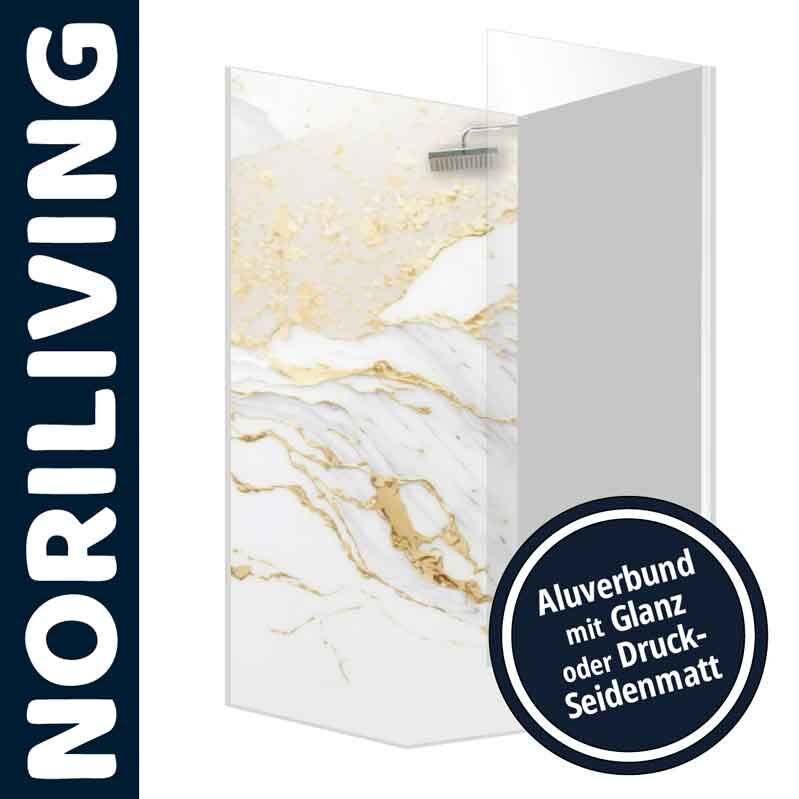 Duschrückwand in Marmor-Optik aus Aluverbund, erhältlich in glänzend oder seidenmatt