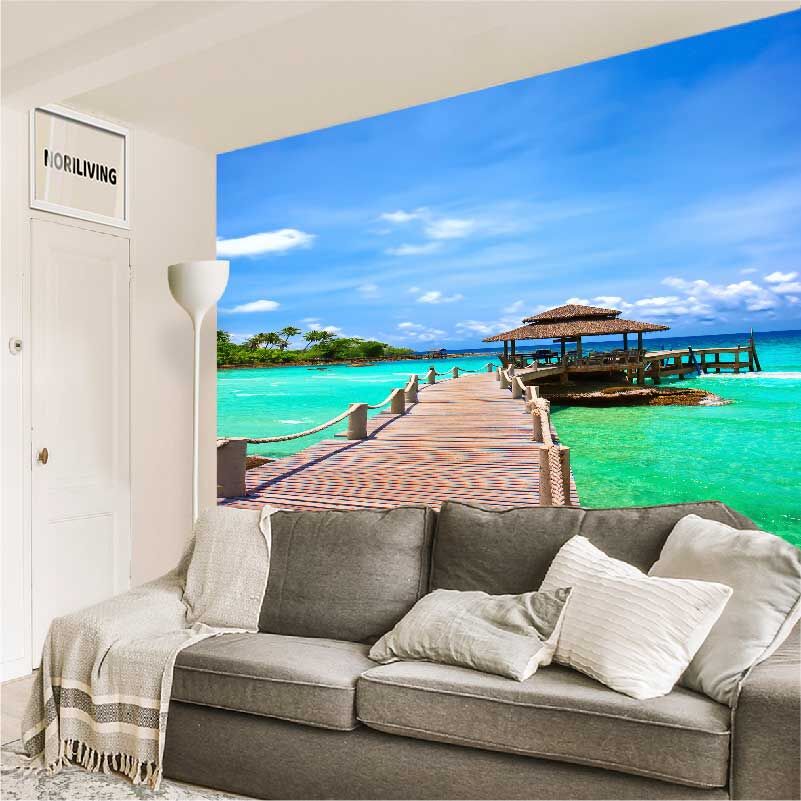 im Wohnzimmer eingebaute Wohnzimmerrückwand mit Motiv Steg in der Karibik 785