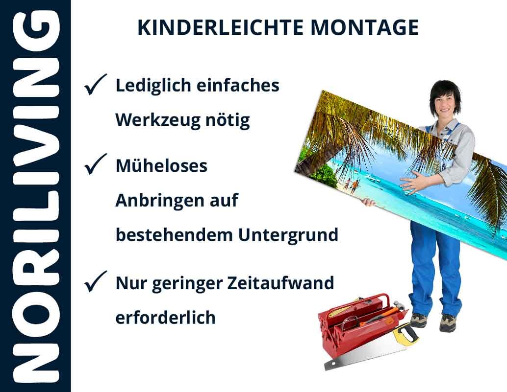 Person hält ein großes Bild mit Strandmotiv, daneben Text über einfache Montage von NORILIVING Wanddekoration