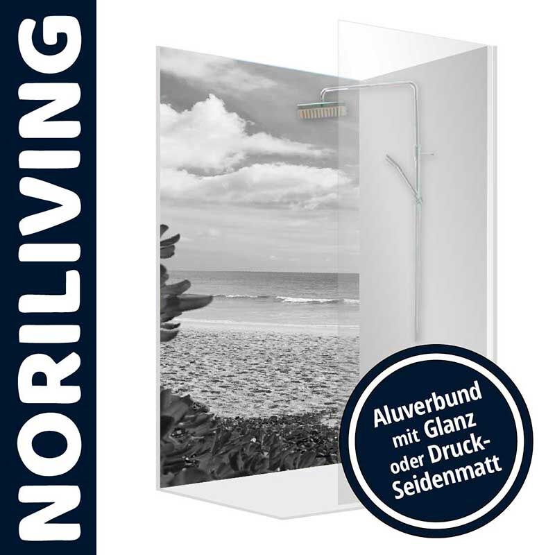 Duschwand von Noriliving mit Strandbild und Aluverbund in Glanz oder Druck-Seidenmatt