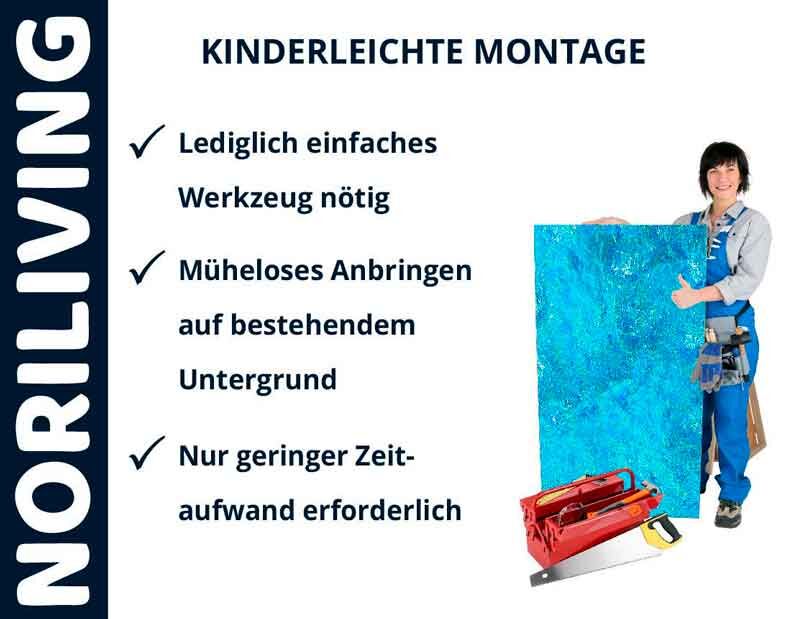 Person zeigt auf eine große Platte mit Blauer Textur, umgeben von Werkzeugen, mit Texten über einfache Montage.
