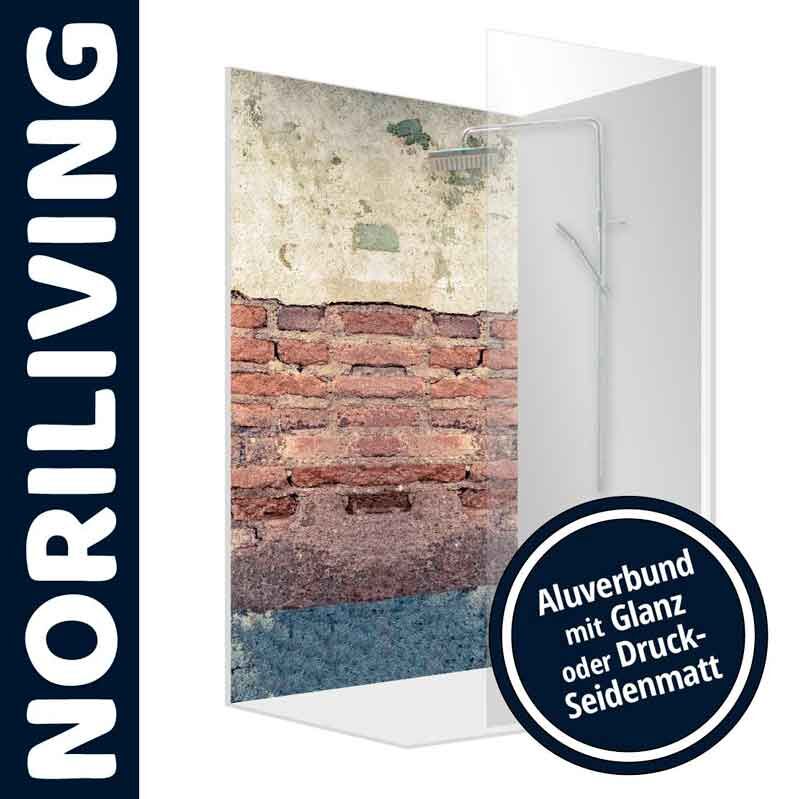 Duschrückwand aus Aluverbund mit Ziegelmotiv und Glanz-Option, von Noriliving