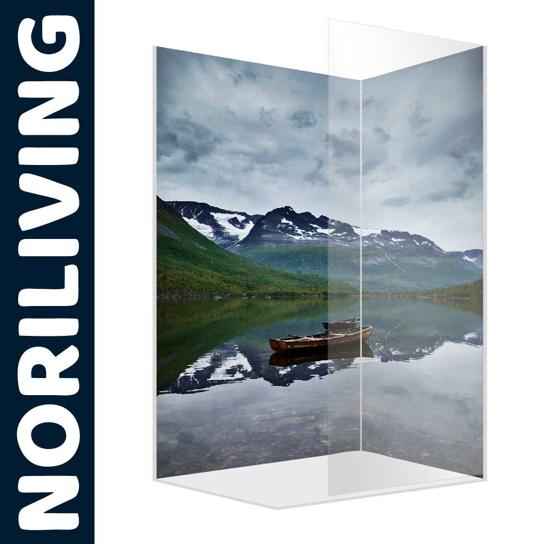 Abbildung einer Eck-Duschrückwand mit Motiv Gebirgssee in Norwegen 301