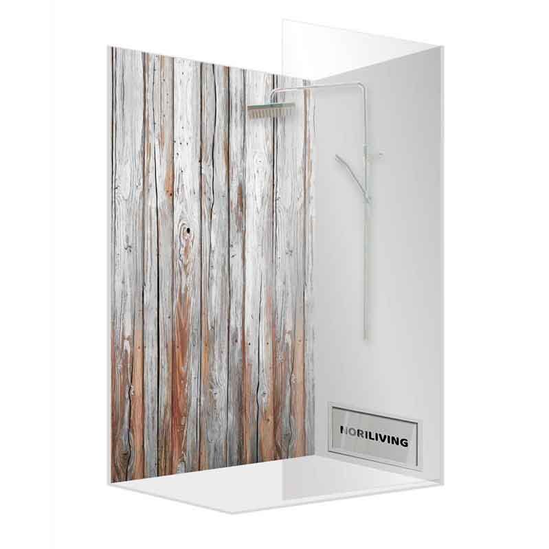 Duschkabine mit Holzoptik Rückwand und Regendusche in modernem Design
