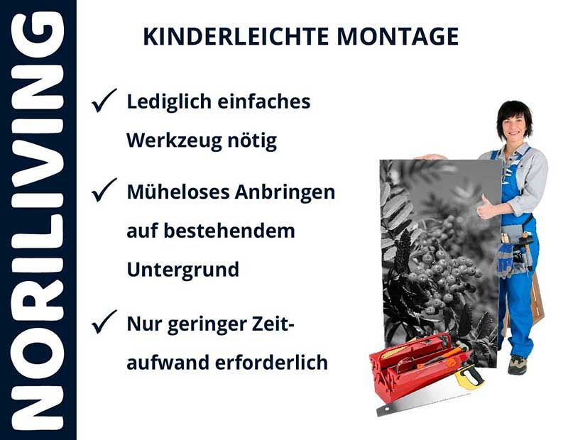 Person hält ein schwarzes Wandpaneel, Text zur Montageerleichterung von NORILIVING mit Werkzeugdarstellung