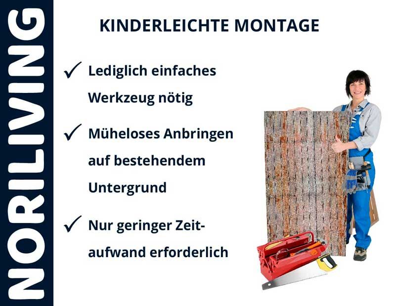 Anleitung für die einfache Montage mit minimalem Werkzeug von NORILIVING, mit einer Person, die ein Paneel hält