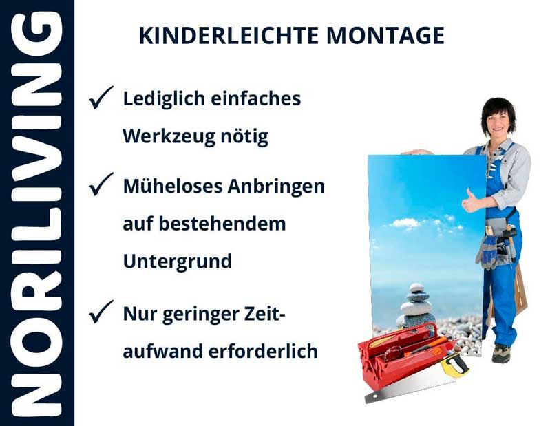 Noriliving Montagehinweise: Einfaches Werkzeug erforderlich, mühelose Anbringung auf vorhandenem Untergrund, geringer Zeitaufwand.