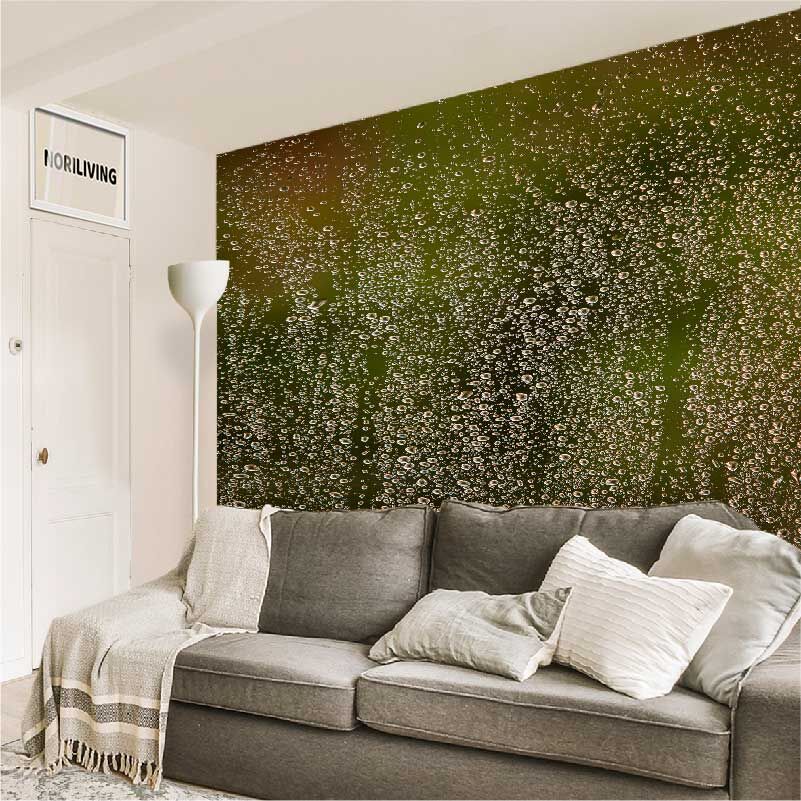 im Wohnzimmer eingebaute Wohnzimmerrückwand mit Motiv Wassertropfen auf Fensterglas 959