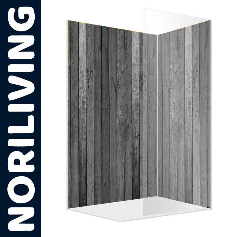 Eckduschabtrennung von NORILIVING mit moderner Holzoptik für elegantes Badezimmerdesign
