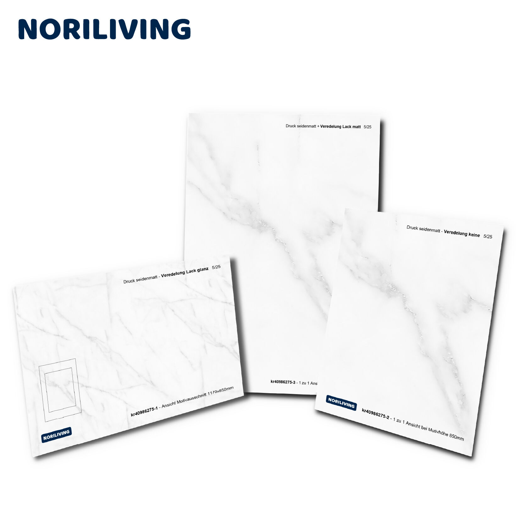 Drei Noriliving Marmor-Dekorplatten, seidenmatt und glänzend, in verschiedenen Formaten