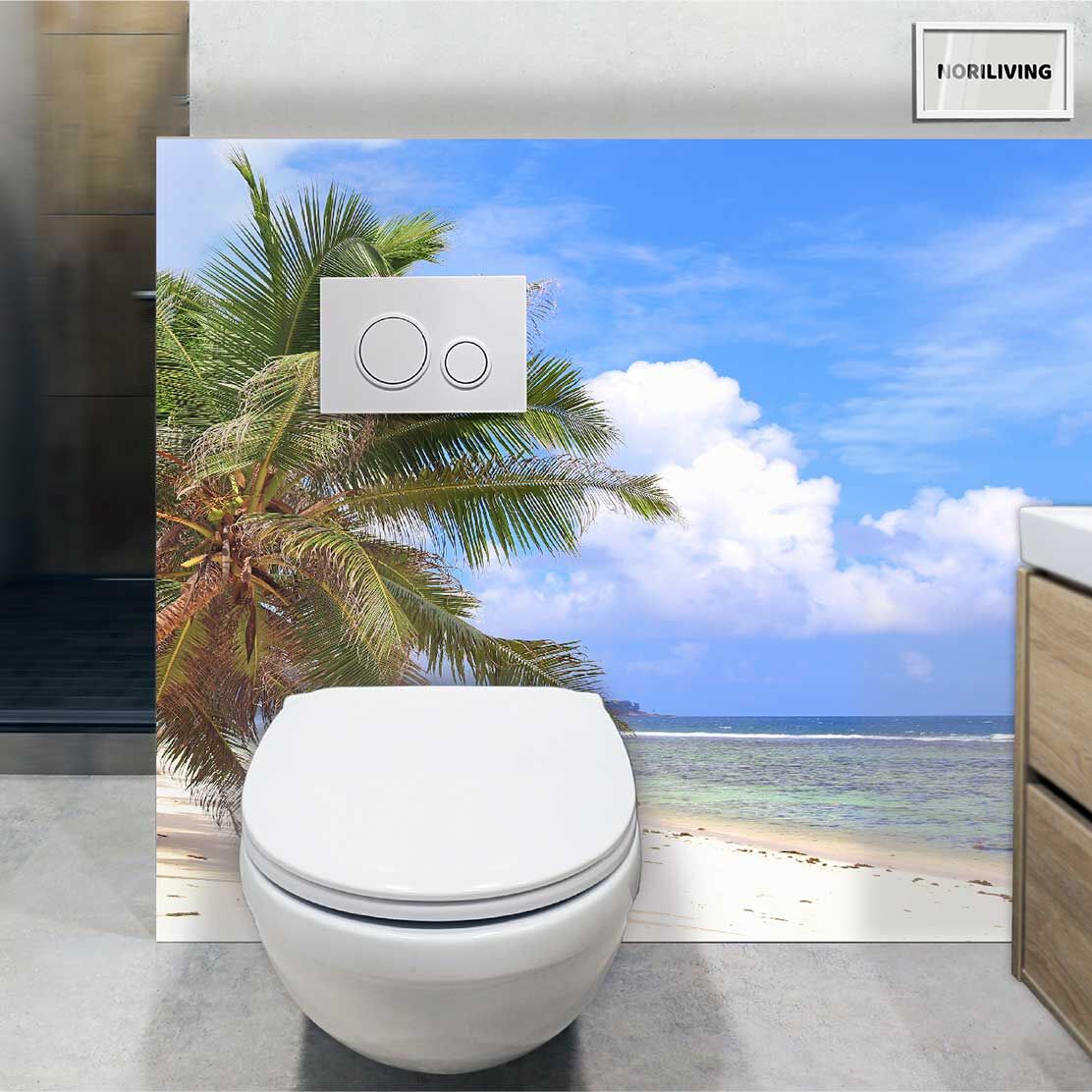 im WC eingebaute Toilettenrückwand mit Motiv Palmenstrand 180