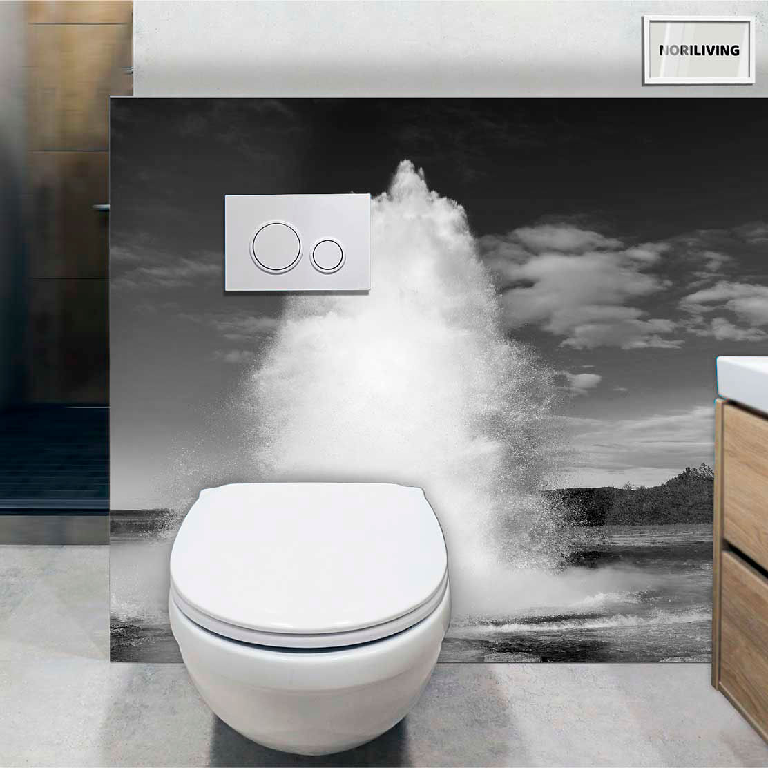 im WC eingebaute Toilettenrückwand mit Motiv ausbrechender Geysir heißer Quellen auf Island 011 schwarz-weiß