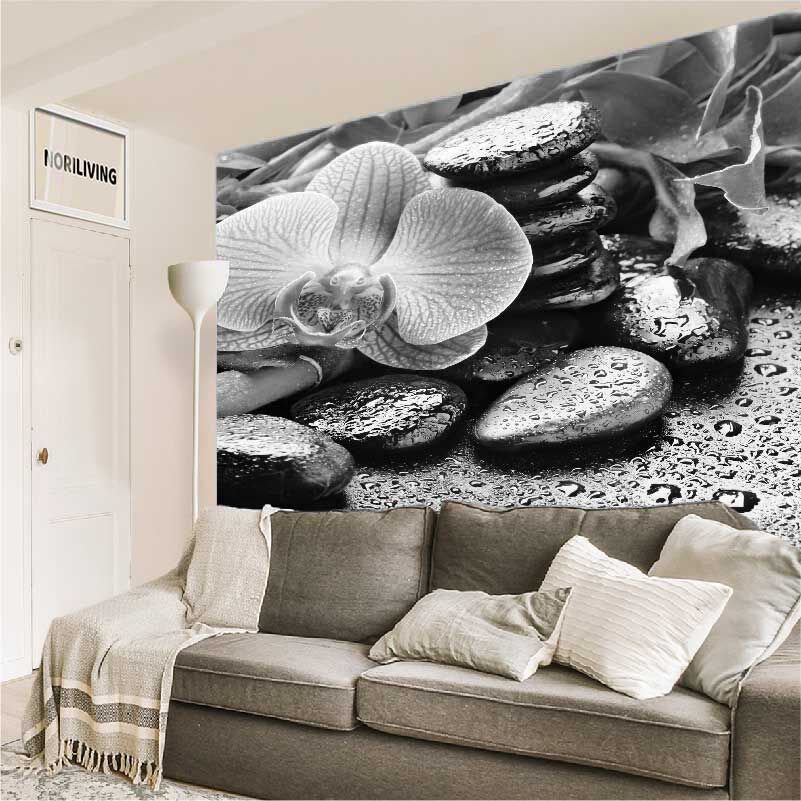 im Wohnzimmer eingebaute Wohnzimmerrückwand mit Motiv Zen Steine mit Orchidee und Bambus 890 schwarz-weiß